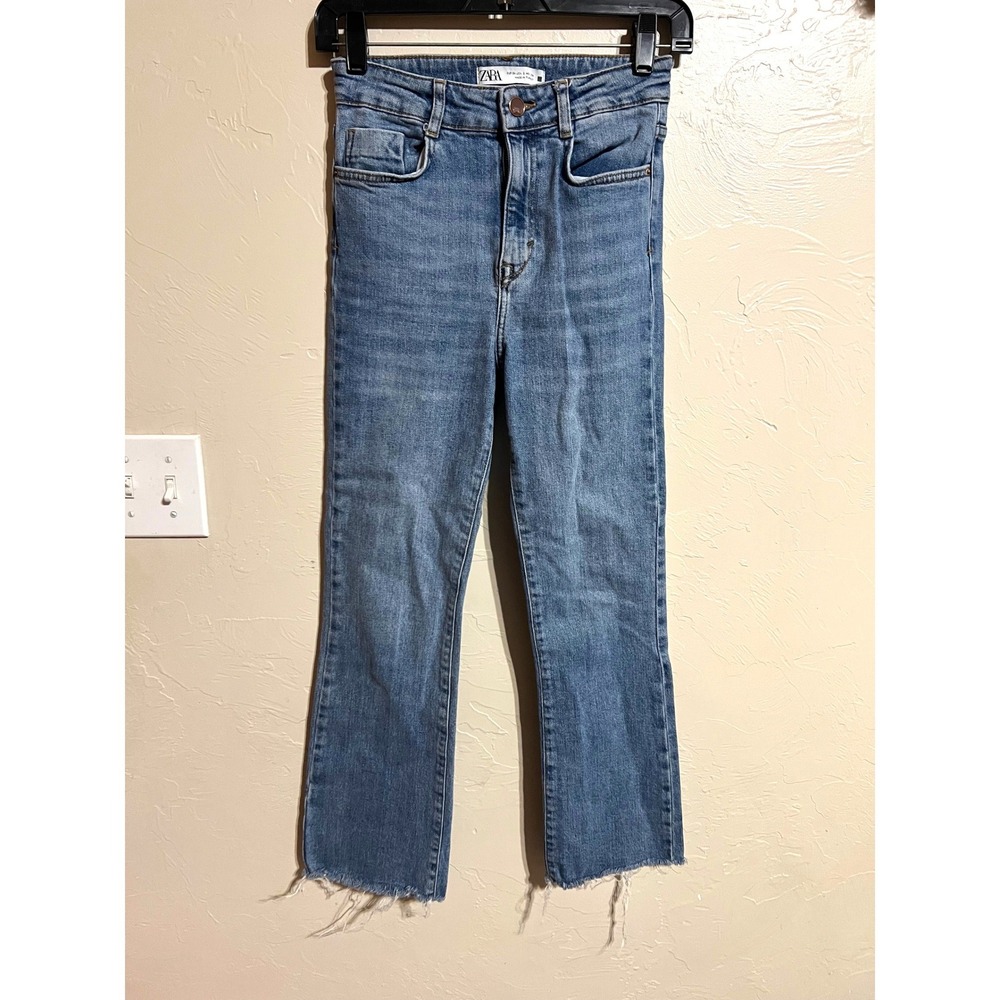Zara Denim Collection High Rise Straight Leg Blue Jeans Raw Hem Size 2 US 34 EUR